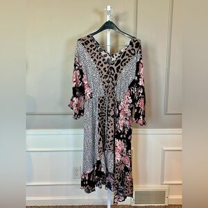 GiGio Plus 2XL Dress Mixed Print Peasant Floral Boho Cheetah Animal V Neck